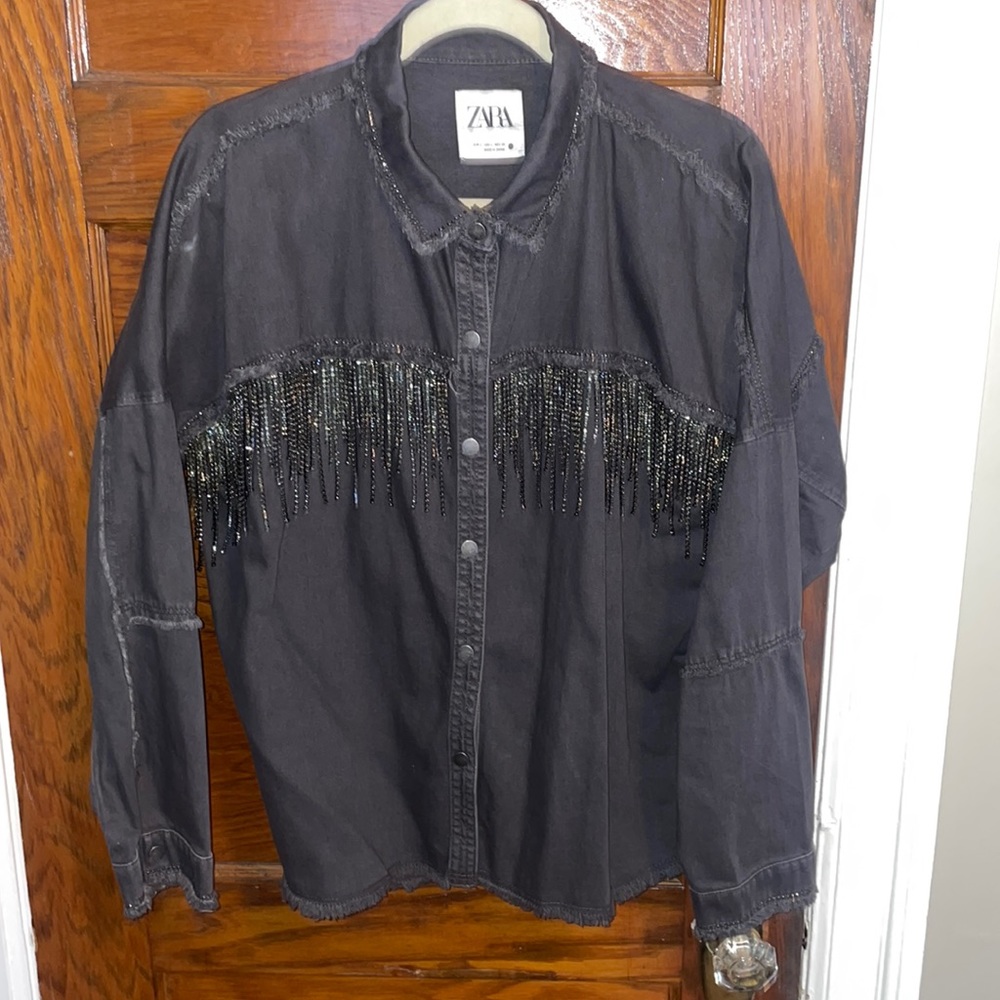Gently worn!!! Zara black-scale denim, Western style, DIAMOND fringe jacket